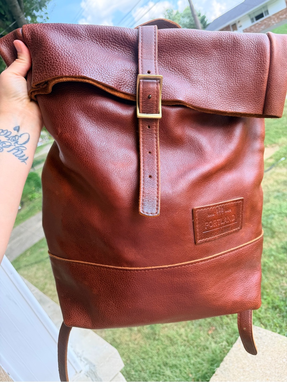 Leather Roll-Top Backpack in Brown